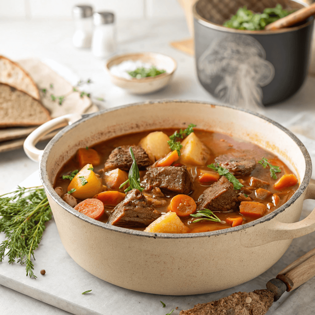 Savory Beef Stew with Fresh Vegetables A savory beef stew with tender beef chunks and fresh vegetables in a white bowl.