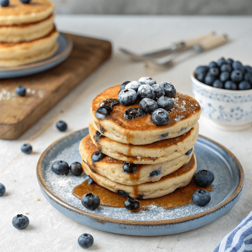 A stack of blueberry pancakes topped with fresh blueberries and drizzled with syrup on a plate.