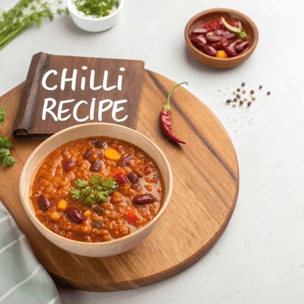 Bowl of Chili with Toppings and Sides A bowl of chili with toppings and sides.
