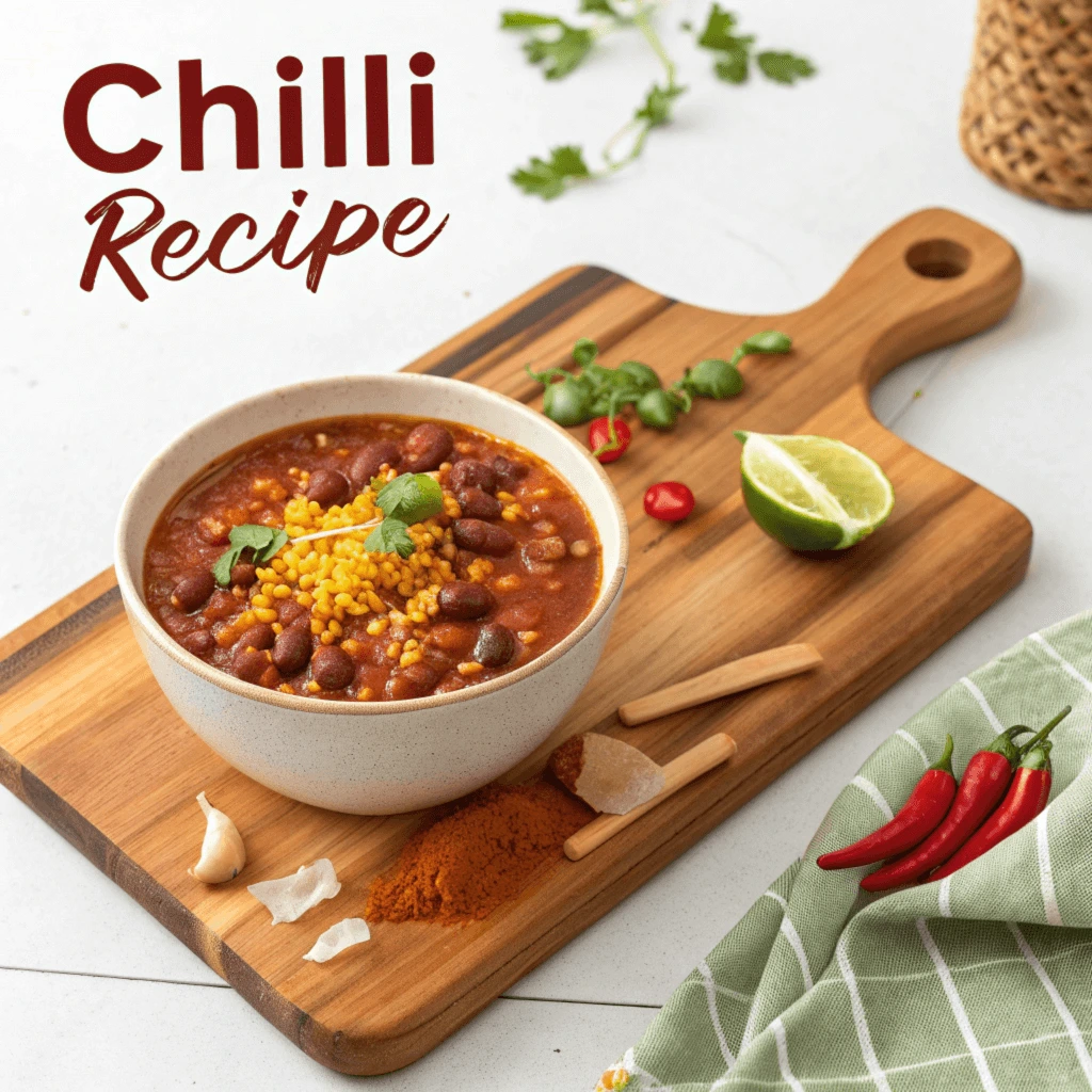 Spicy Chili with Delicious Toppings and Sides A steaming bowl of chili garnished with sour cream, shredded cheese, and fresh cilantro, served with cornbread and lime wedges.