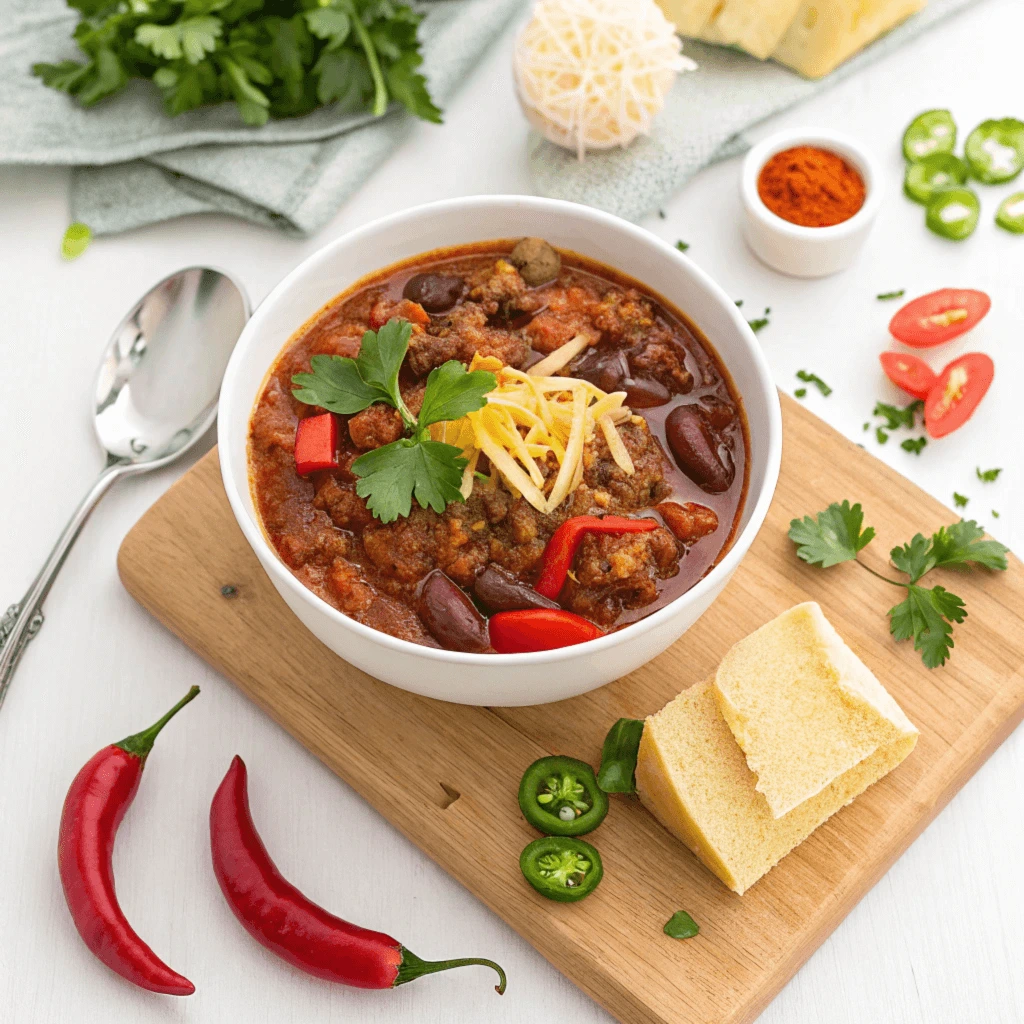 Chilli Recipe with Ingredients A bowl of chili on a wooden cutting board with various ingredients around it, including a lime, chili peppers, garlic, and spices. The text 'Chilli Recipe' is written above the bowl