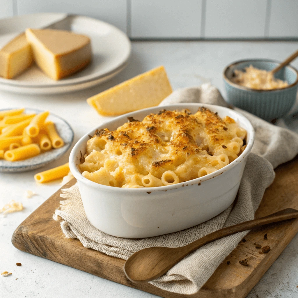 Creamy Macaroni and Cheese with Breadcrumb Topping "A bowl of creamy macaroni and cheese topped with breadcrumbs, with a fork and napkin beside it. In the background, there is a casserole dish with more macaroni and cheese, a salt shaker, a small bowl of grated cheese, and a small bowl of chopped parsley.
