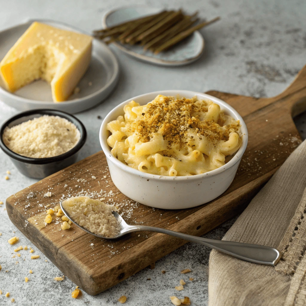 Macaroni and Cheese with Breadcrumb Topping "A bowl of macaroni and cheese topped with breadcrumbs on a wooden board, with grated cheese and a block of cheese in the background.