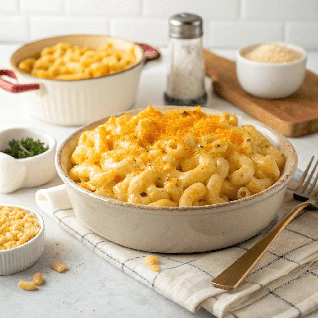 Baked Macaroni and Cheese with Ingredients A baked macaroni and cheese dish in a white ceramic baking dish, surrounded by ingredients like uncooked pasta and cheese.