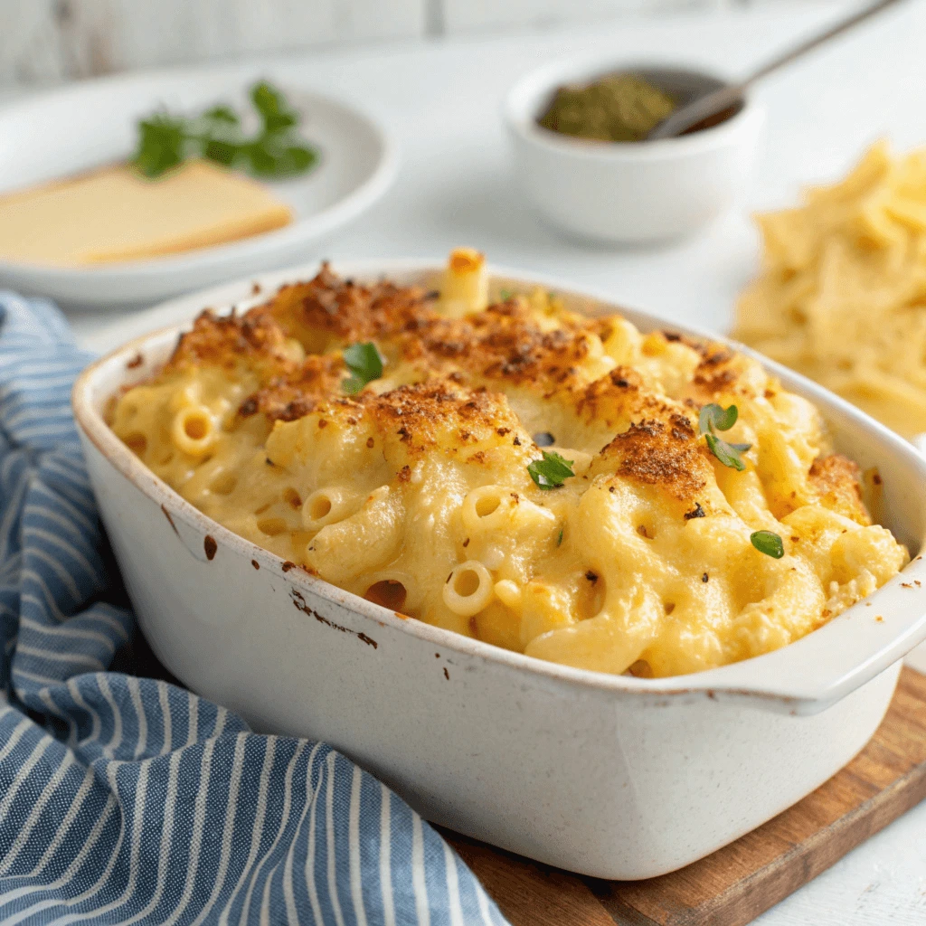 Individual Ramekins of Macaroni and Cheese with Breadcrumb Topping Macaroni and cheese served in individual ramekins topped with breadcrumbs, with a plate of green salad in the background.