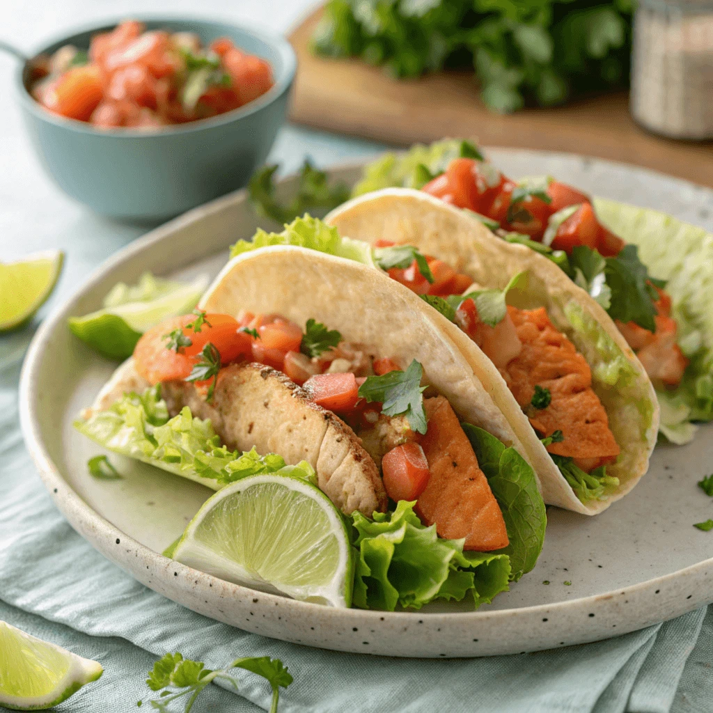 Best Grilled Salmon Tacos Recipe - Fresh, Healthy, and Delicious Three salmon tacos filled with grilled, seasoned salmon, garnished with fresh cilantro and onions, served with lime wedges on a plate, perfect for a flavorful and healthy meal.