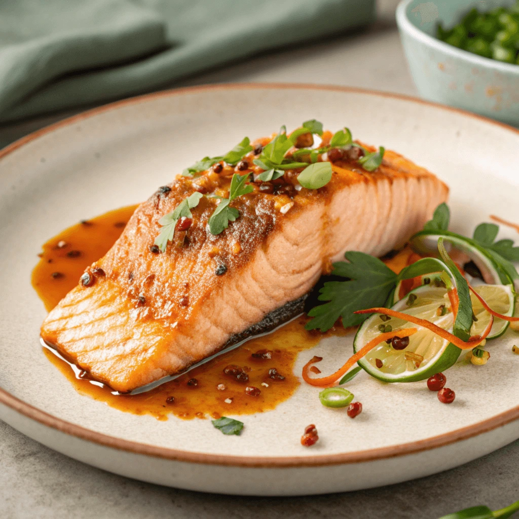 A perfectly cooked Bang Bang salmon fillet drizzled with a savory sauce, garnished with fresh herbs and accompanied by thinly sliced vegetables on a ceramic plate.