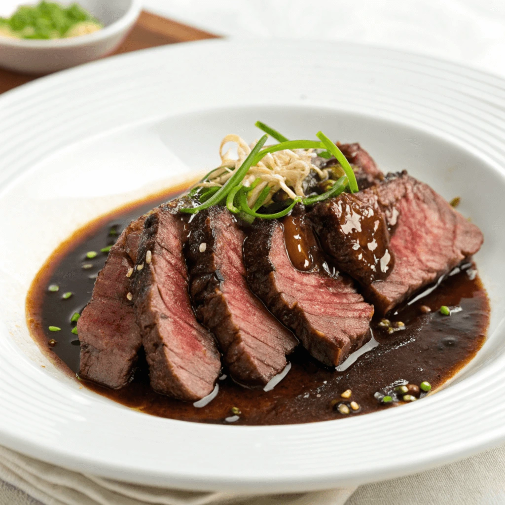 Slices of tender beef in a rich black pepper sauce, garnished with parsley and served on a white plate.