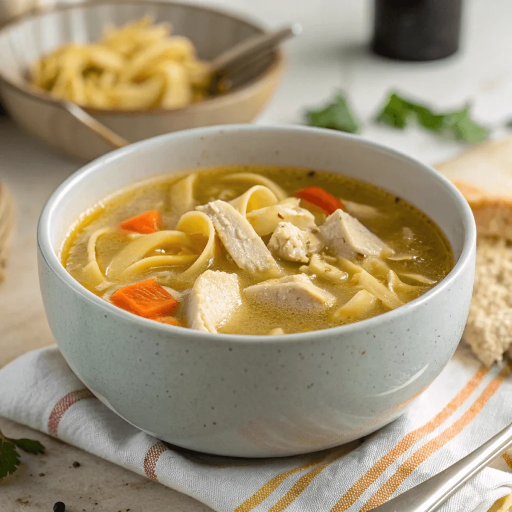 A bowl of chicken noodle soup with visible chunks of chicken, carrots, and wide noodles, placed on a white cloth with orange and yellow stripes. In the background, there is another bowl with noodles and a piece of bread.