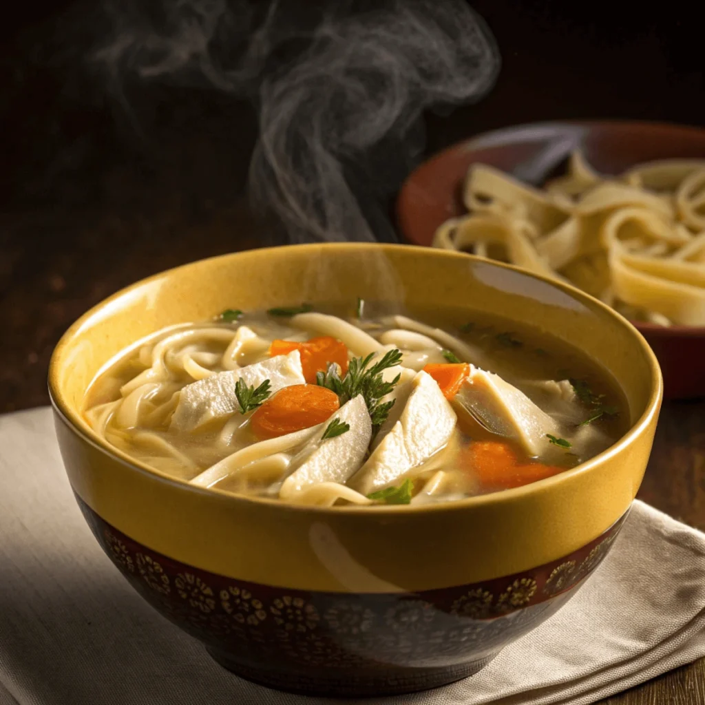 Chicken noodle soup served in a brown bowl with visible vegetables and noodles