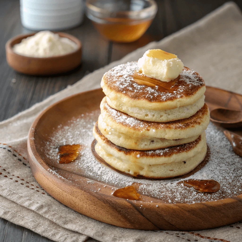Perfectly Fluffy Cottage Cheese Pancakes with Fresh Garnish Three fluffy cottage cheese pancakes stacked on a white plate, dusted with powdered sugar and garnished with fresh raspberries and mint leaves.