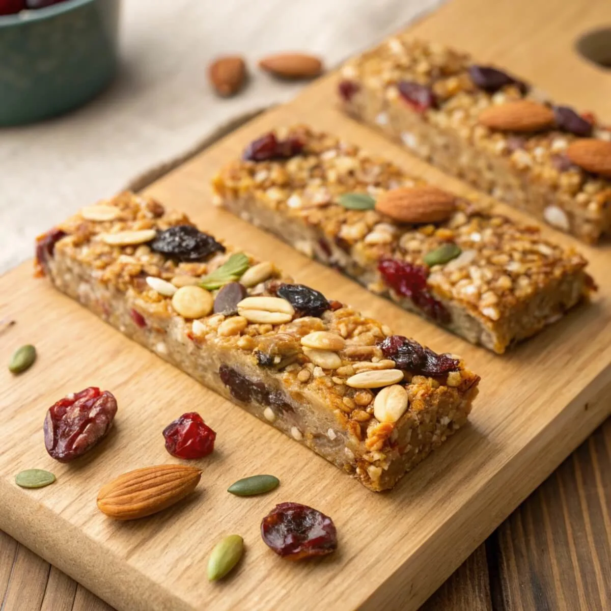Three granola bars with nuts, seeds, and dried fruits on a wooden cutting board, with additional nuts and dried fruits scattered around.