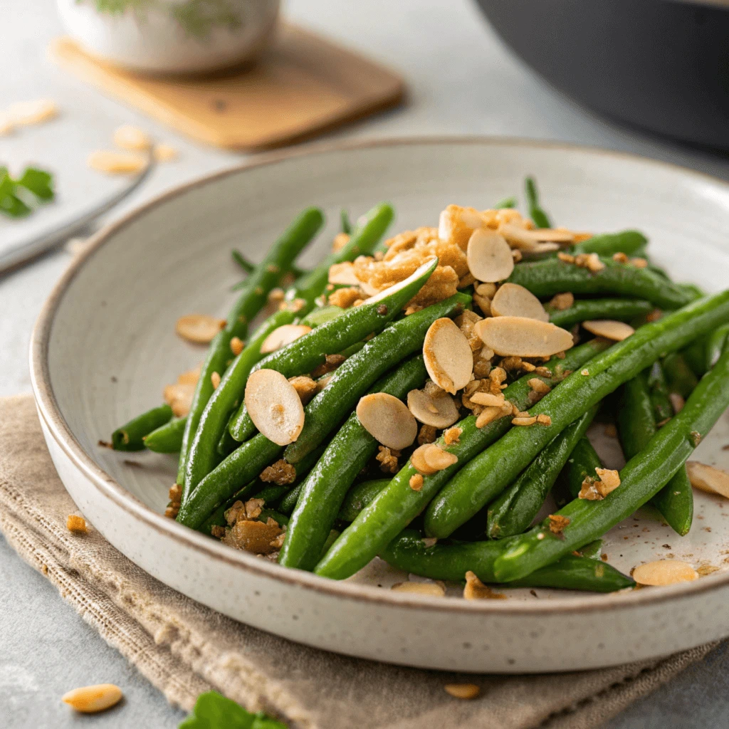 : A plate of green beans garnished with sliced almonds and a light sauce.